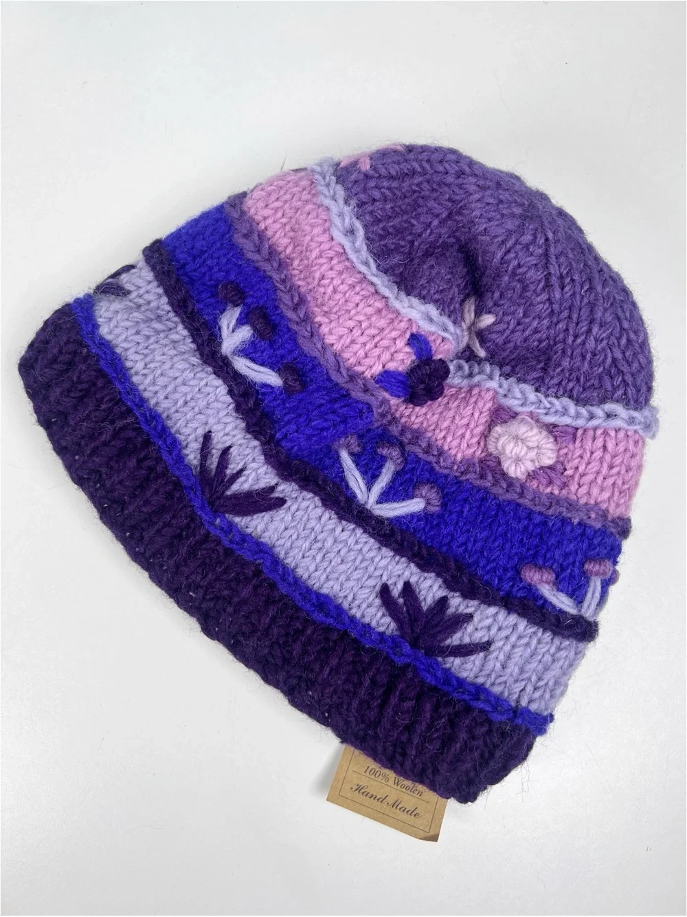 Handmade in Nepal Purple Pink Blue Floral 100% Wool Knit Beanie Hat